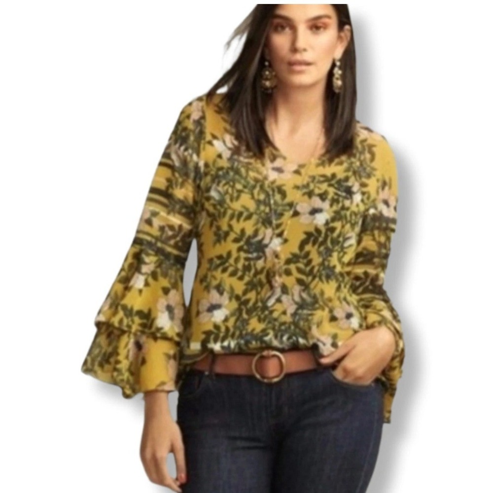 Cabi Floral V-Neck Blouse Womens XL Yellow Tiered Bell Sleeve Botanical Top Work